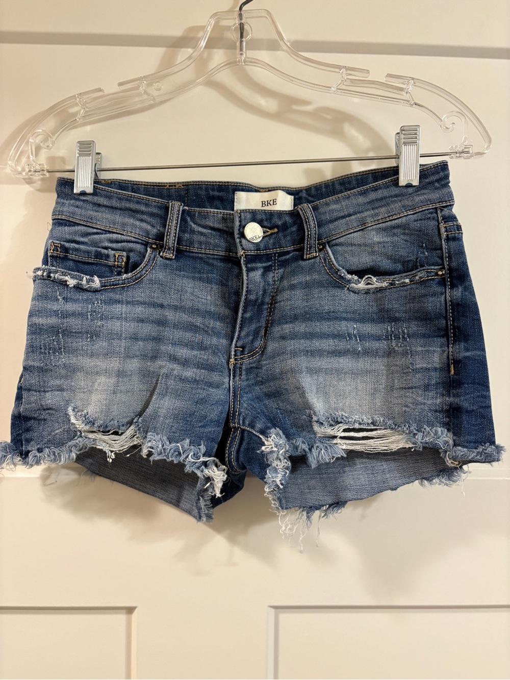 BKE Distressed Frayed Hem Denim Shorts - Blue